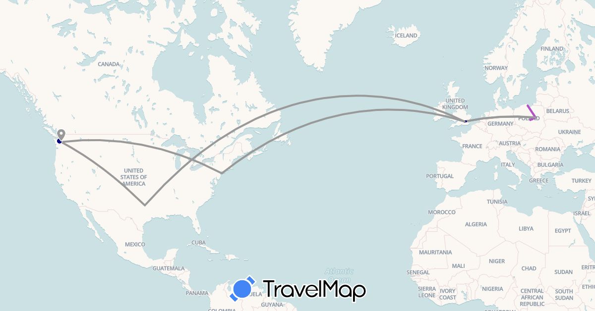 TravelMap itinerary: driving, bus, plane, train in United Kingdom, Poland, United States (Europe, North America)